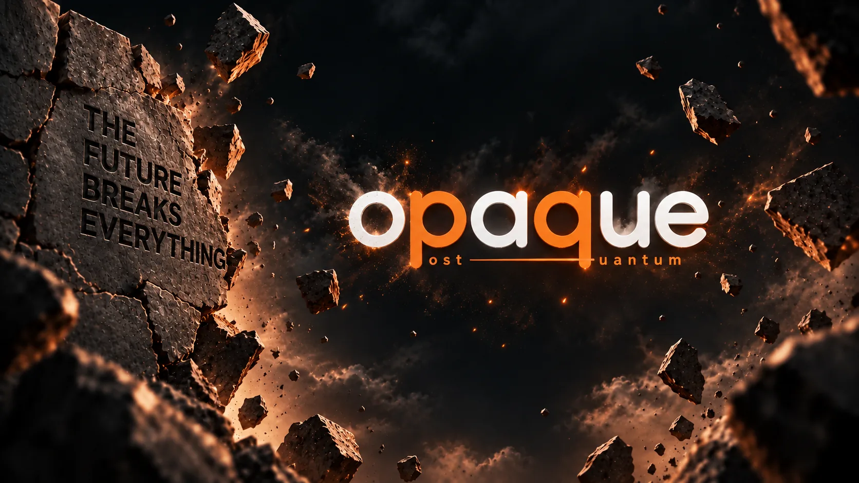The opaque post-quantum wordmark standing clean in the breach of the wall